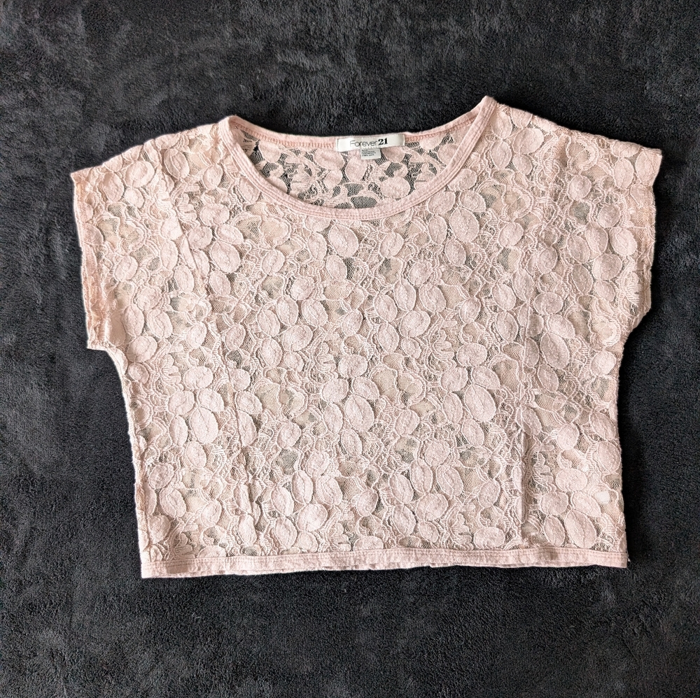 Lace Feminine Blush Pink Sheer Crop Top Coquette Fairy Romantic Kawaii Sz Small - Picture 2 of 14